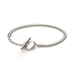 Snake chain sterling silver T-bar heart bracelet