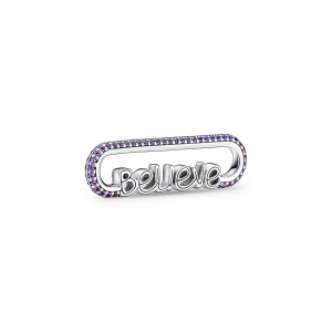 Believe script sterling silver word link with royal purple crystal