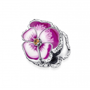 Pansy sterling silver charm with clear cubic zirconia, burnt orange crystal, shaded pink and white enamel
