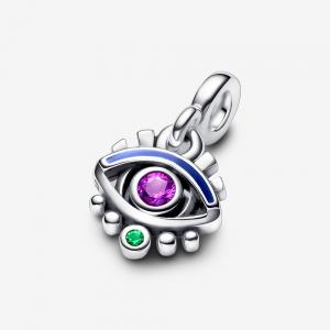 Eye sterling silver mini dangle with royal purple crystal, royal green crystal and blue enamel