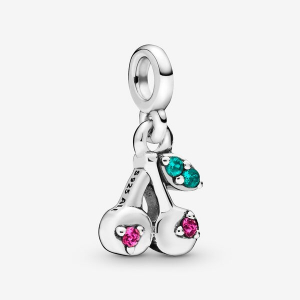 Cherries sterling silver dangle charm with cerise and aqua green crystal