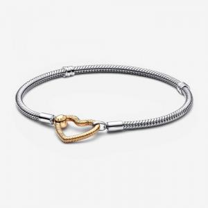 Snake chain sterling silver bracelet with 14k gold-plated heart clasp