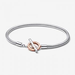 Snake chain sterling silver and 14k rose gold-plated toggle bracelet