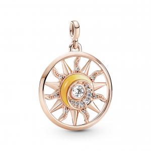 Sun 14k rose gold-plated medallion with clear cubic zirconia and shading orange to yellow enamel
