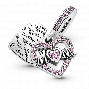 Mum heart sterling silver dangle with fancy fairy tale pink cubic zirconia, phlox pink and cerise crystal