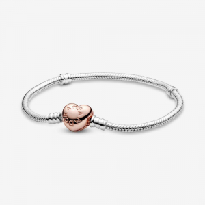 Silver bracelet with heart-shaped 14k rose gold-plated clasp