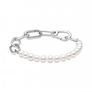 Sterling silver link bracelet with white treated freshwater cultured pearl