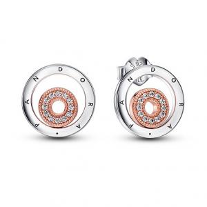 Pandora logo sterling silver and 14k rose gold-plated stud earrings with clear cubic zirconia