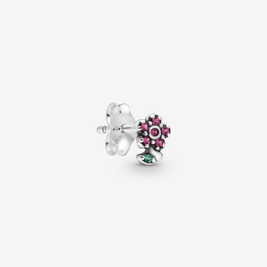 Flower sterling silver stud earring with cerise crystal and aqua green crystal