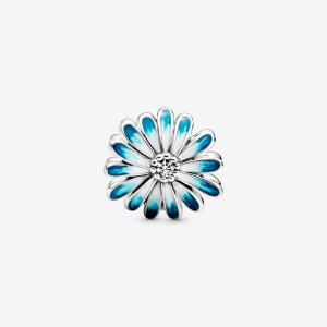 Daisy sterling silver charm with clear cubic zirconia and shaded blue enamel