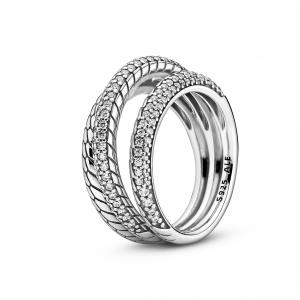 Snake chain pattern sterling silver ring with clear cubic zirconia