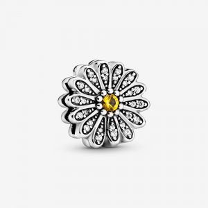 Daisy sterling silver clip charm with clear cubic zirconia and sunrise yellow crystal