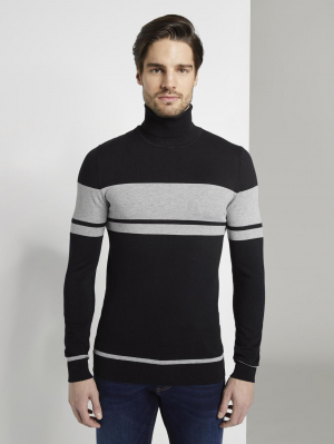 fine knit jacquard turtle-neck, Black, S