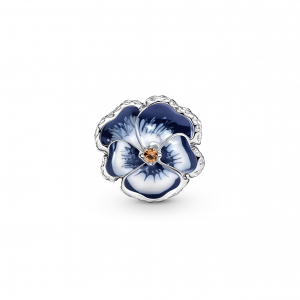 Pansy sterling silver charm with clear cubic zirconia, burnt orange crystal, shaded blue and white enamel
