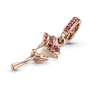 Rose flower Pandora Rose dangle with red cubic zirconia and synthetic pink sapphire