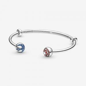 Star Wars sterling silver open bangle with salsa red and night blue crystal and silicone stoppers and interchangeable end cap