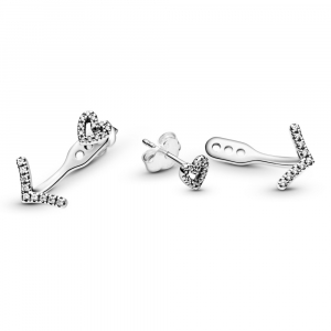 Heart sterling silver stud earrings with detachable wishbone earring jackets and clear cubic zirconia