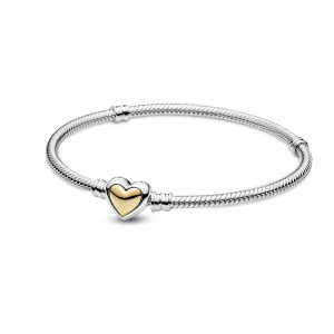 Snake chain sterling silver bracelet with heart clasp and 14k gold