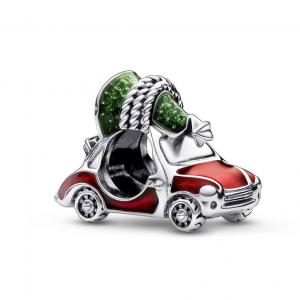 Car and Christmas tree sterling silver charm with transparent glossy red and translucent green enamel
