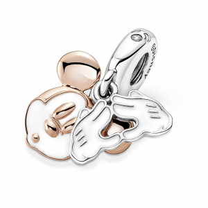 Disney Mickey Mouse sterling silver and 14k rose gold-plated double dangle with clear cubic zirconia and white enamel