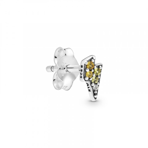 Lightning bolt sterling silver stud earring with yellow, golden orange crystal and clear cubic zirconia