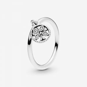Tree of life silver ring with clear cubic zirconia