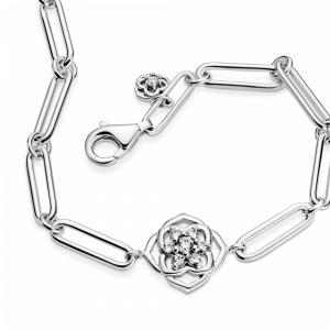 Rose flower sterling silver bracelet with clear cubic zirconia