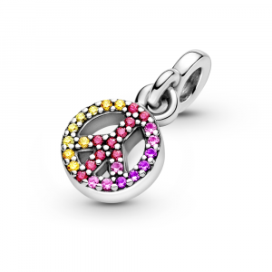 Peace sign sterling silver dangle with cerise, royal purple and blazing yellow crystal, honey and red cubic zirconia