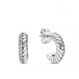 Snake chain pattern sterling silver hoop earrings with clear cubic zirconia
