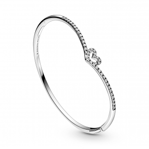Heart and wishbone sterling silver bangle with clear cubic zirconia
