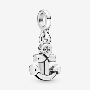 Anchor sterling silver dangle charm in with clear cubic zirconia