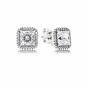 Square silver stud earrings with clear cubic zirconia