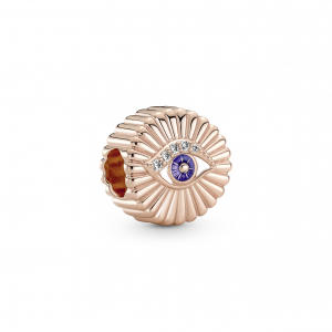 Eye 14k rose gold-plated charm with clear cubic zirconia, shaded blue and white enamel