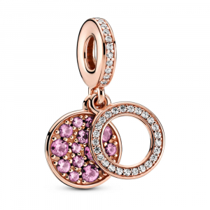 Circle and disc 14k rose gold-plated dangle with clear cubic zirconia and synthetic pink sapphire