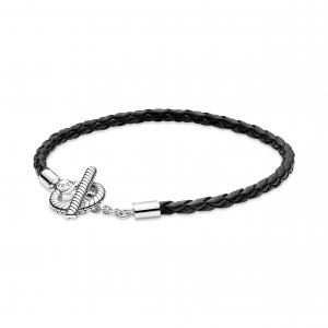 Sterling silver toggle bracelet with black leather