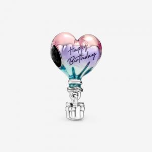 Happy Birthday balloon sterling silver charm with shaded transparent pink, purple and blue enamel