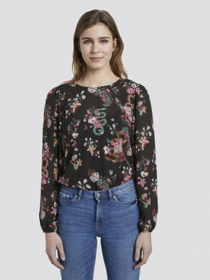 printed blouse bo, black flower print, S