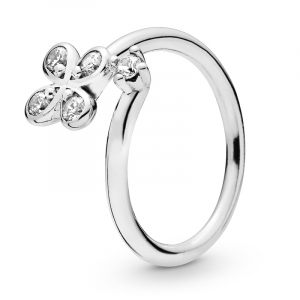 Flower silver open ring with clear cubic zirconia