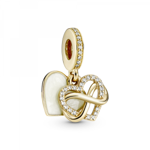 Infinity heart gold dangle with clear cubic zirconia and shimmering enamel
