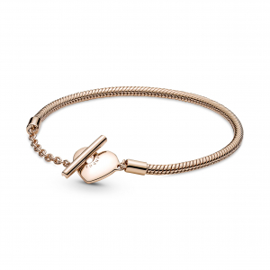 Snake chain 14k rose gold-plated T-bar heart bracelet