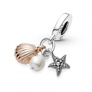 Starfish, pearl and shell sterling silver and 14k rose gold-plated dangle with white freshwater cultured pearl