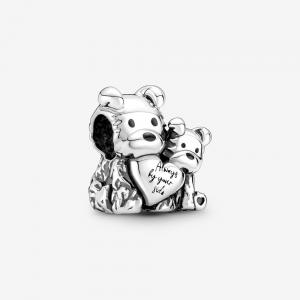 Mother dog and puppy sterling silver charm with black enamel