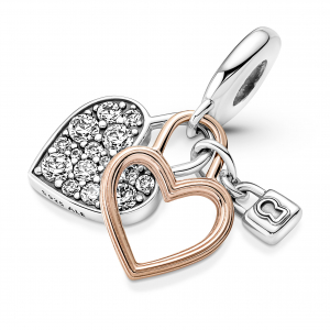 Heart padlock sterling silver and 14k rose gold-plated double dangle with clear cubic zirconia