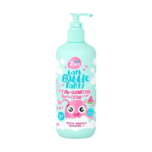 Гель+шампунь+пена 3-в-1 ПОСЛЕ ВЕСЕЛОЙ ПРОГУЛКИ с Арбузиком BATH BUBBLE PARTY, 7DAYS, 400 мл