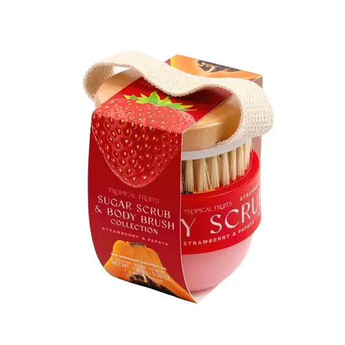 SOMERSET Tropical Fruit Strawberry & Papaya 150g Body Scrub & Brush Set  Тропические фрукты 150 г Скраб для тела с клубникой и папайей с кистью