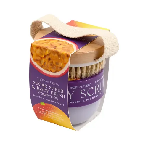 SOMERSET Tropical Fruit Mango & Passionfruit 150g Body Scrub & Brush Set  Нежный отшелушивающий сахарный скраб и щетка Манго и маракуйя 150г