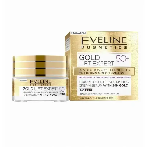 КРЕМ-СЫВОРОТКА ДЛЯ ЛИЦА EVELINE GOLD LIFT EXPERT С 24К ЗОЛОТОМ МУЛЬТИПИТАТЕЛЬНЫЙ 50+ 50МЛ