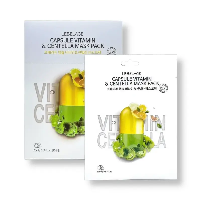 LEBELAGE Тканевая маска с витамином и центеллой CAPSULE VITAMIN&CENTELLA 2X MASK PACK