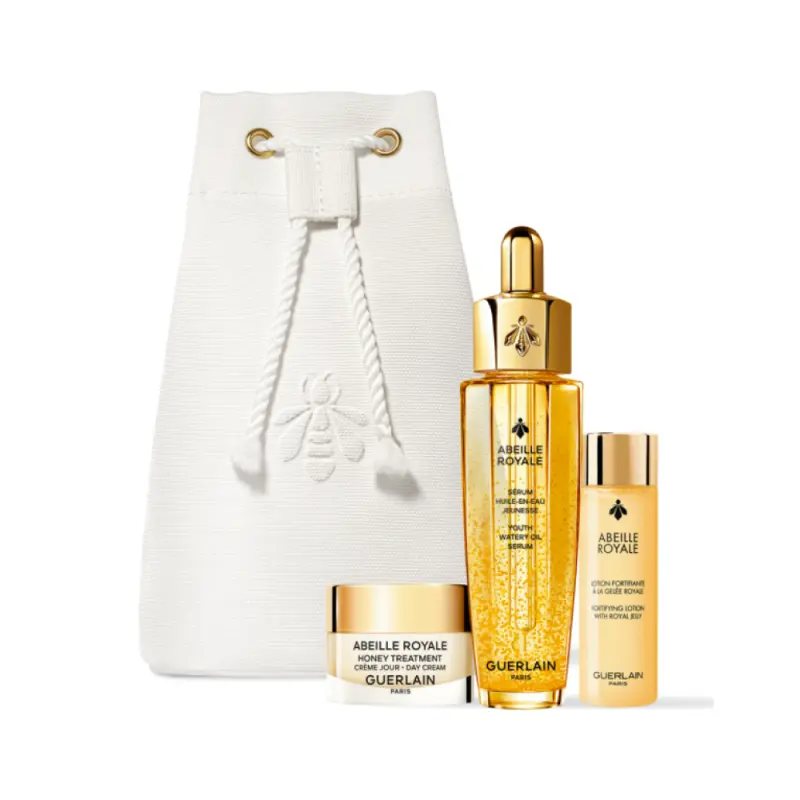 Guerlain Набор ABEILLE ROYALE: Омолаживающая сыворотка +Укрепляющий лосьон для лица + Дневной крем + Косметичка