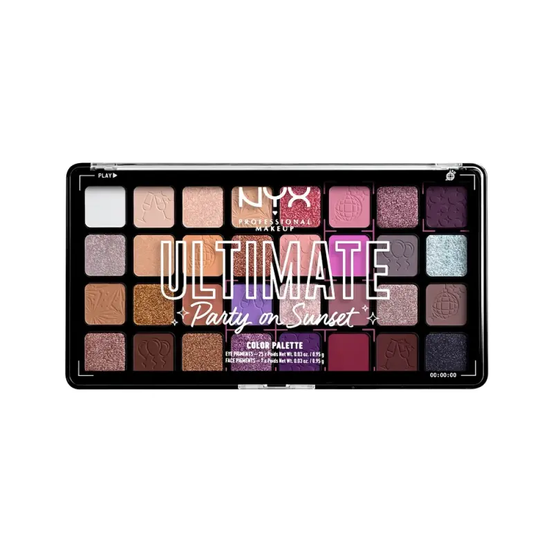 NYX BIRTHDAY USP 32PAN PARTY ON SUNSET Лимитированная палитра теней для век из 32 оттенков кремовых прессованных пигментов с матовыми и металлическими эффектами.